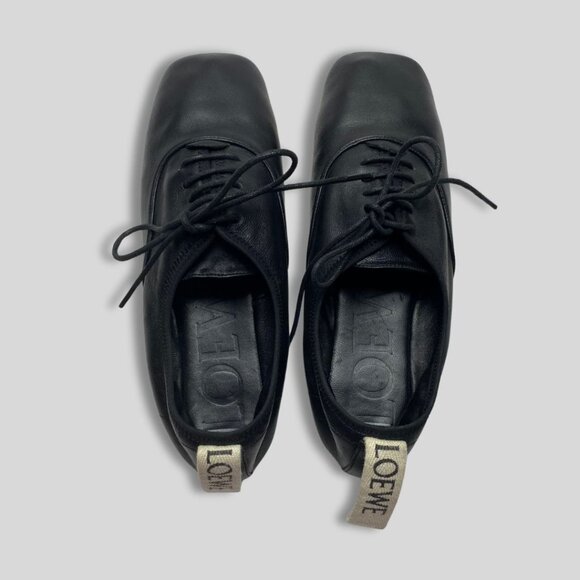 LOEWE Logo-Tab Laced Ballet Flats in Black Leather Size 37 - Picture 1 of 7